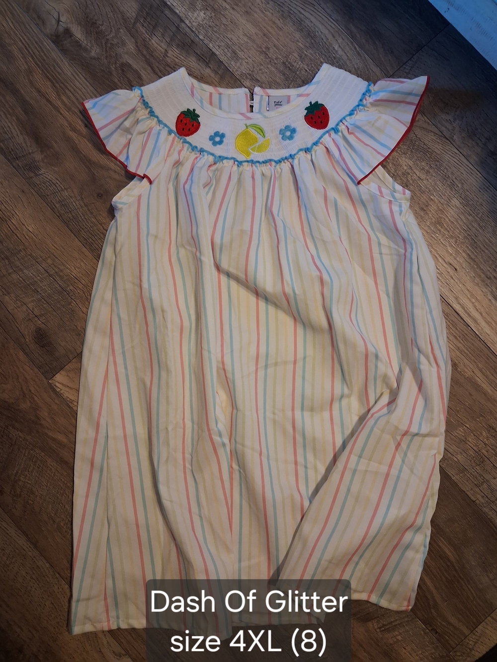 Dash of Glitter White Striped Girls Casual Dress with Fruit Embroidery